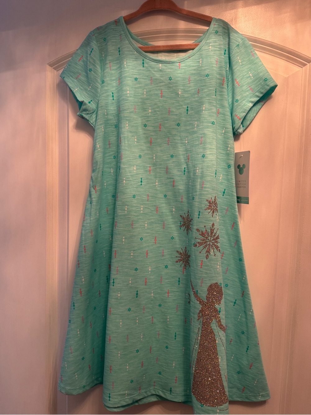 Girls Aqua Short-Sleeve Swing Dress with Glitter Elsa Princess